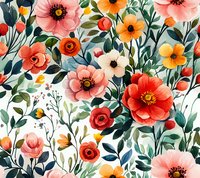 Vibrant floral seamless pattern with coral, orange and yellow blooms, green foliage on white background. Watercolor style botanical repeat design for fabric and wallpaper.