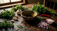 Fresh herbs and spices arranged around ceramic bowl with oil on rustic wooden cutting board in warm kitchen lighting for culinary cooking preparation.