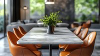 Modern marble dining table with orange leather chairs and green plant centerpiece in luxurious restaurant interior with natural daylight and blurred background.