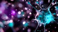 Glowing neuron cell with electric synapses and neural connections on dark background with bokeh lights for medical and scientific research concepts.
