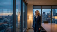 Professional blonde businesswoman in dark suit standing by floor-to-ceiling windows overlooking city skyline at dusk in modern corporate office space.