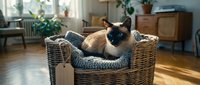 Siamese cat relaxing in wicker basket at home, surrounded by houseplants and wooden furniture in bright sunlit room.