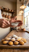 Baker dusting powdered sugar over fresh madeleines in rustic kitchen with copper cookware and warm lighting for culinary content.