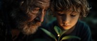 Elderly grandfather with gray beard reading bedtime story to young blonde boy in warm evening light creating intimate family bonding moment at home.