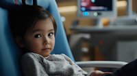 Young Asian girl patient sitting in medical chair during hospital visit, looking away thoughtfully with innocent expression in modern healthcare facility.
