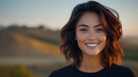 Young Asian woman with short wavy hair and bright smile wearing black sweater outdoors at sunset, natural beauty portrait with warm golden light and blurred nature background.