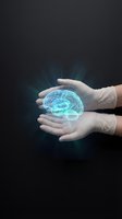 Gloved hands protecting glowing digital brain hologram representing medical innovation, artificial intelligence, neuroscience research and healthcare technology.