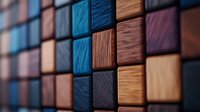 Geometric pattern of wooden and colored blocks creating textured mosaic wall background with blue, brown and purple squares arranged in perspective grid.