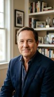 Middle-aged Caucasian man in navy blazer and open-collar shirt poses confidently in home library with shelves of books and framed photos behind him, suitable for corporate portraits and professional headshots.