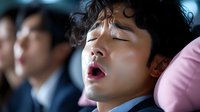 Young Asian businessman sleeping with open mouth on airplane seat during business travel flight, wearing formal suit against blurred background of other passengers.