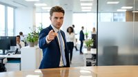 Confident young Caucasian businessman in blue suit pointing at camera in modern office workspace with colleagues in background for corporate success.