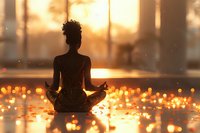 Silhouette of young African American woman meditating in lotus position at sunset, surrounded by magical golden bokeh lights reflecting on wet surface, perfect for wellness and spirituality themes.