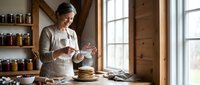 Middle-aged woman with South Asian ethnicity wearing apron preparing homemade pancakes in rustic kitchen with wooden shelves and natural window light for cooking and lifestyle content.