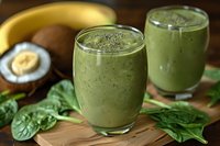 Fresh green smoothie with spinach, banana and chia seeds in glass. Healthy breakfast drink garnished with fresh ingredients on wooden board.