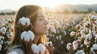 Young woman with long brown hair peacefully standing in blooming cotton field during golden hour sunset, enjoying natural beauty and tranquil moment.