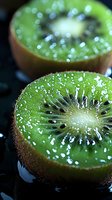 Fresh cut kiwi fruit with water droplets and bokeh effect on dark background, macro photography showing detailed texture and seeds in vibrant green color.