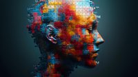 Profile silhouette composed of vibrant puzzle pieces in red, blue and orange tones against dark background, representing complexity of human consciousness.