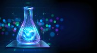 Glowing laboratory flask with blue liquid on digital surface against dark background with bokeh lights for science and research concepts.