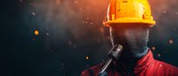 Firefighter in protective gear and helmet against dark background with glowing embers and sparks, dramatic lighting creates heroic atmosphere in panoramic view.