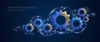 Digital technology gears mechanism with circuit board patterns on dark blue background representing innovation and automation systems.