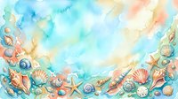 Watercolor summer sea background with colorful shells, starfish, and coral on soft blue, peach, and teal wash with copy space.