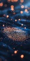 Glowing digital fingerprint pattern with orange bokeh lights on dark blue background, representing biometric security and personal identification technology.