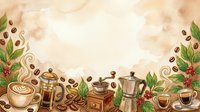 Flat lay coffee shop arrangement with beans, cups, grinder, and floral elements on cream watercolor background. Perfect for cafe menus, packaging, and beverage marketing materials.