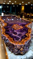 Purple amethyst crystal slab with orange agate edges displayed on marble surface, showing natural geological formations and vibrant mineral patterns in dark setting.