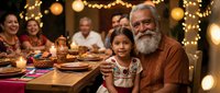 Elderly Hispanic grandfather with white beard enjoying festive dinner with multigenerational family at decorated table with warm string lights creating cozy atmosphere.