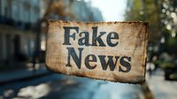 Vintage burnt paper with Fake News text floating against blurred urban background, conceptual representation of misinformation and media manipulation.
