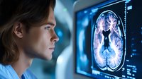 Young male medical professional in blue scrubs examining brain MRI scan on monitor display in clinical setting, focused expression while analyzing neurological results.