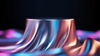 Futuristic metallic surface with smooth curved waves in vibrant neon pink and blue colors against dark background, creating dynamic light reflections and gradients.