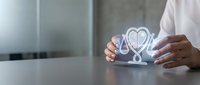 Healthcare professional holding smartphone displaying heart rate monitor app with digital health icons for medical technology and wellness tracking.