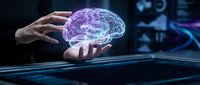 Businessman holding glowing purple brain hologram above palm representing artificial intelligence, machine learning and neural networks in modern technology.