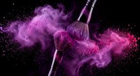 Professional makeup brushes with vibrant purple powder explosion creating dynamic cloud effect on black background for cosmetic advertising.