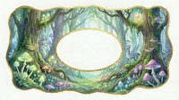 Enchanted forest frame with mystical trees, mushrooms and magical woodland elements for fairy tale designs and fantasy projects.