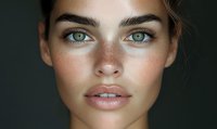 Close up portrait of young woman with natural freckles, green eyes, thick eyebrows and nude lips against dark background, beauty and skincare concept.