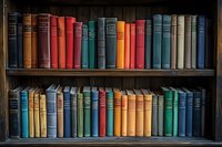 Vintage hardcover books arranged on wooden library shelves showcase colorful spines in red, blue, green, and yellow, creating nostalgic academic atmosphere.