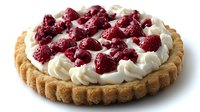 Fresh raspberry tart with whipped cream filling on fluted shortbread crust, garnished with whole red berries against white background, appetizing dessert.