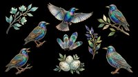 Colorful hummingbirds and starlings with iridescent plumage isolated on transparent background. Ready for t-shirt designs, clipart, stickers, sublimation, and print-on-demand products.