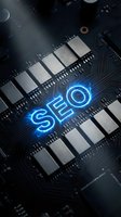 SEO text glowing in blue neon light on computer circuit board with microchips and electronic components for digital marketing and search engine optimization.