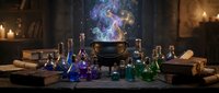 Magical alchemy laboratory with glowing potions, ancient books, and mystical cauldron producing colorful smoke for fantasy gaming and storytelling projects.
