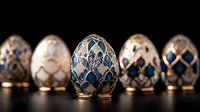 Luxurious decorative eggs with intricate blue and gold patterns arranged in line on dark background, featuring delicate metalwork and royal design elements.