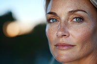 Close up portrait of mature woman with freckles and natural makeup outdoors at sunset, showing confidence and serenity in warm evening light.