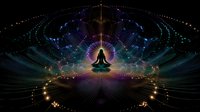 Mystical meditation silhouette floating in cosmic space surrounded by sacred geometry patterns, spiritual energy lines, and glowing light effects on dark background.