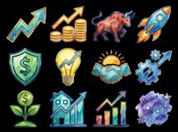 Upward trending arrow with turquoise and gold gradient, stacked gold coins, brown bull, blue rocket, dollar shield, lightbulb, handshake with sunrise, gear with arrow, money plant, house with growth chart, colorful bar graph, and purple watercolor splatter. Isolated on transparent background, ready for t-shirts, clipart, stickers, print-on-demand, and sublimation designs.