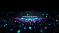 Futuristic digital technology circle with glowing blue and purple light rays radiating outward on black background, abstract tech visualization concept.