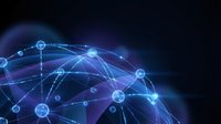 Glowing blue network sphere with connected nodes on dark background, representing digital technology, data transfer, and global communication.