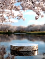 Marble product display podium with cherry blossom branches overhead, reflecting in water surface against serene spring landscape and blue sky background.