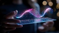 Glowing digital wave visualization floating above tablet screen with hands interacting in dark room, magical light effect and sparkles for technology concept.